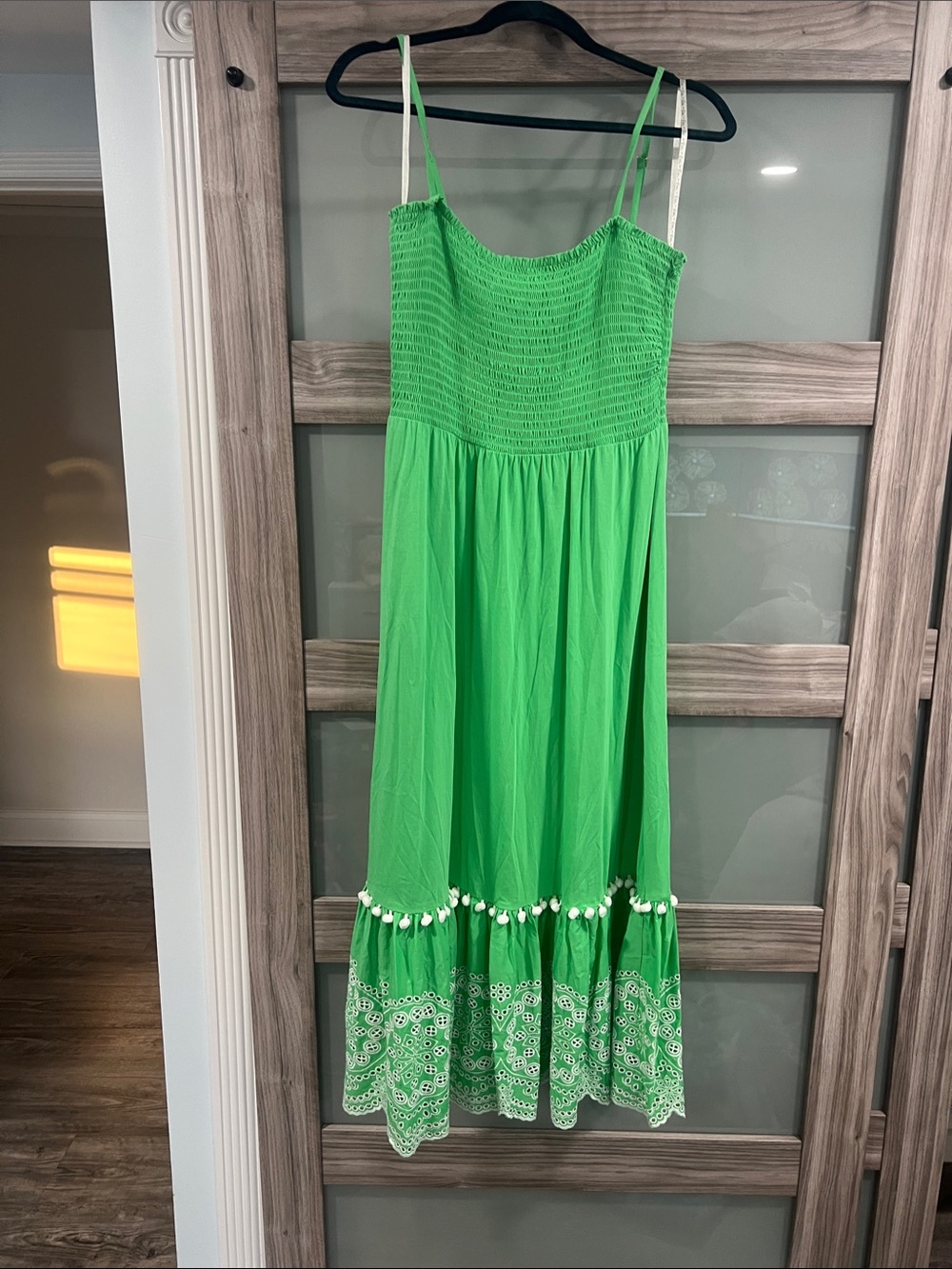 Green Smocked Midi Dress with Pom Pom Trim